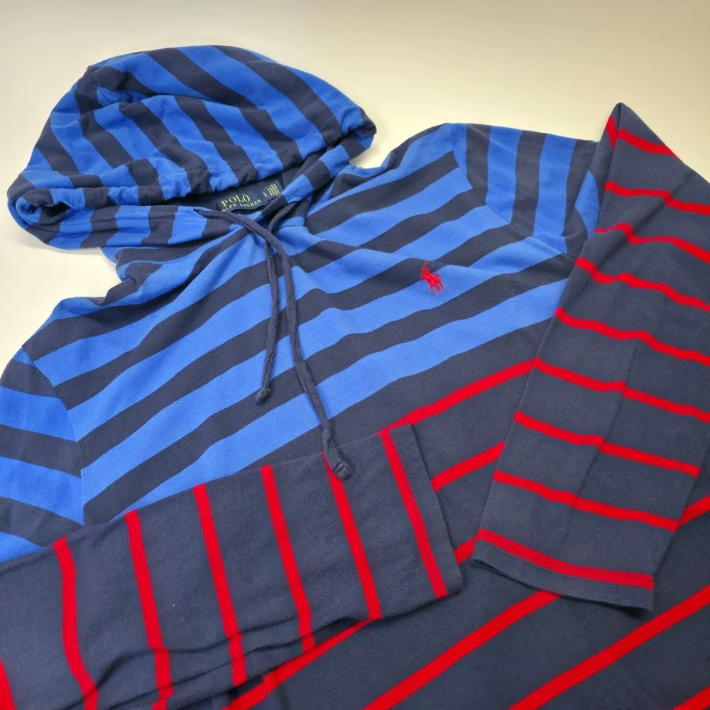 Polo Ralph Lauren Hoodie Sweater Mens L Blue Striped Hooded Lightweight Preppy